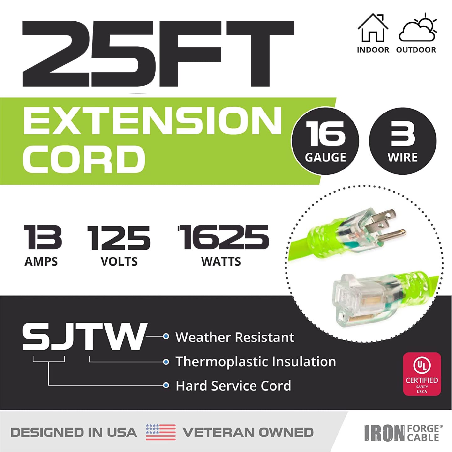 neon green 25 Ft Outdoor Extension Cord