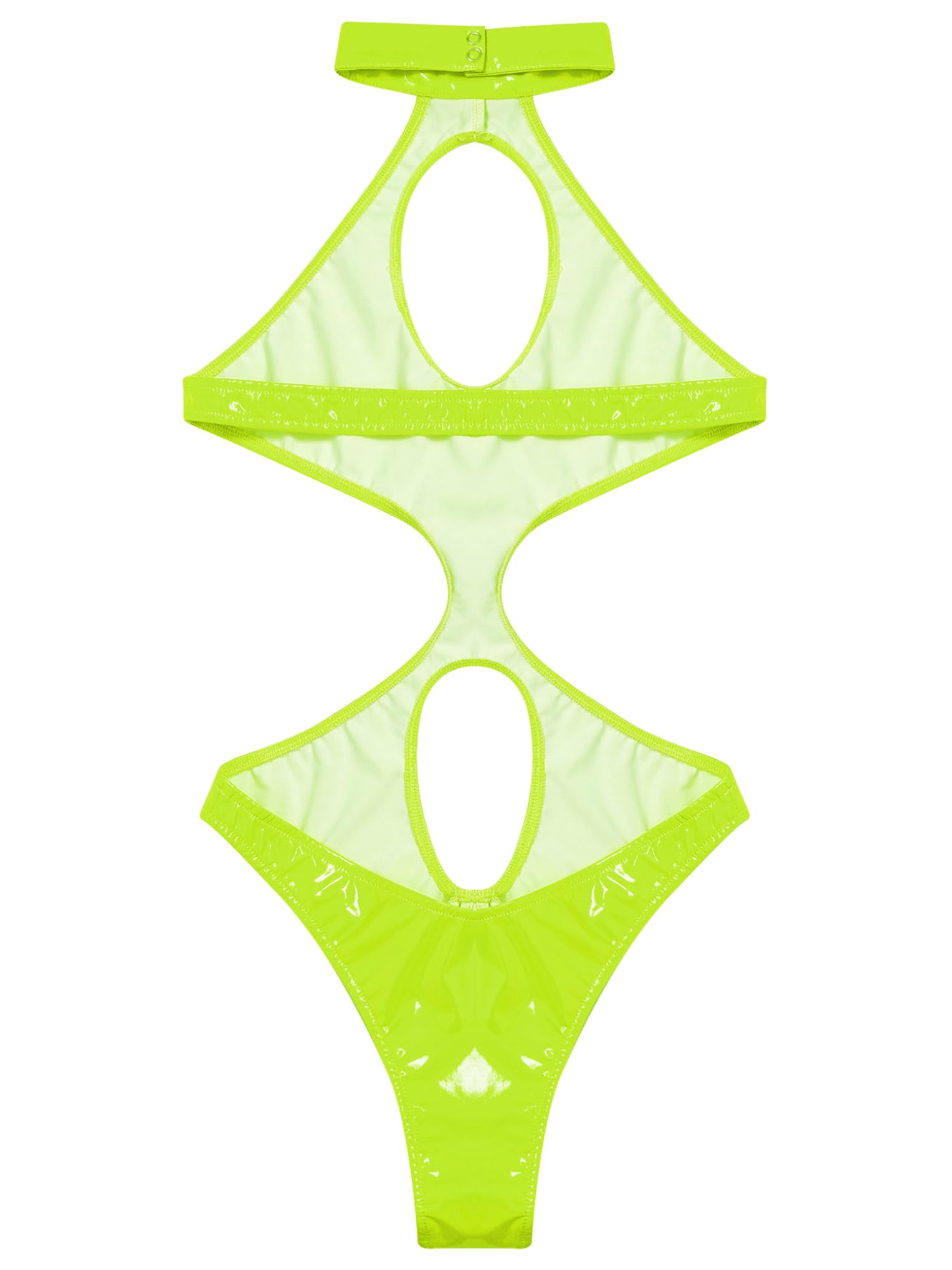 LiiYii Womens Wet Look PVC Leather Bodysuits One Piece Halter Neck Backless Teddy Catsuits Leotard Tops Fluorescent Green X-Large