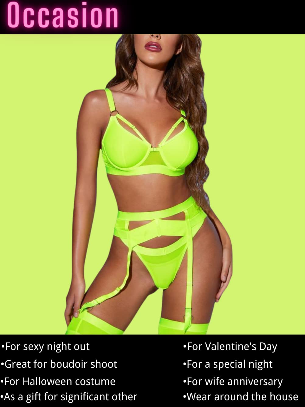 Kaei&Shi Garter Belt Thong Lingerie for Women,Strappy Hollow Out Sexy Lingerie,Underwire Mesh Sheer Matching 4 Piece Lingerie Set Boudoir Neon Green Large