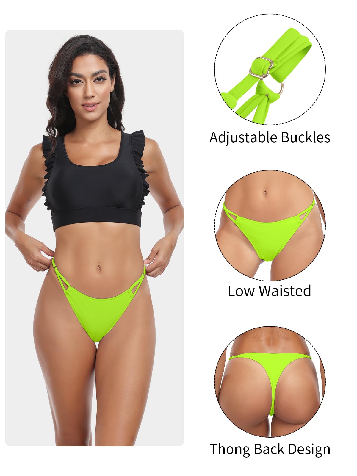 Colloyes Women's Low Waisted Thong Bikini Bottoms Adjustable High Cut Swim Bottoms Neon Green Size Medium