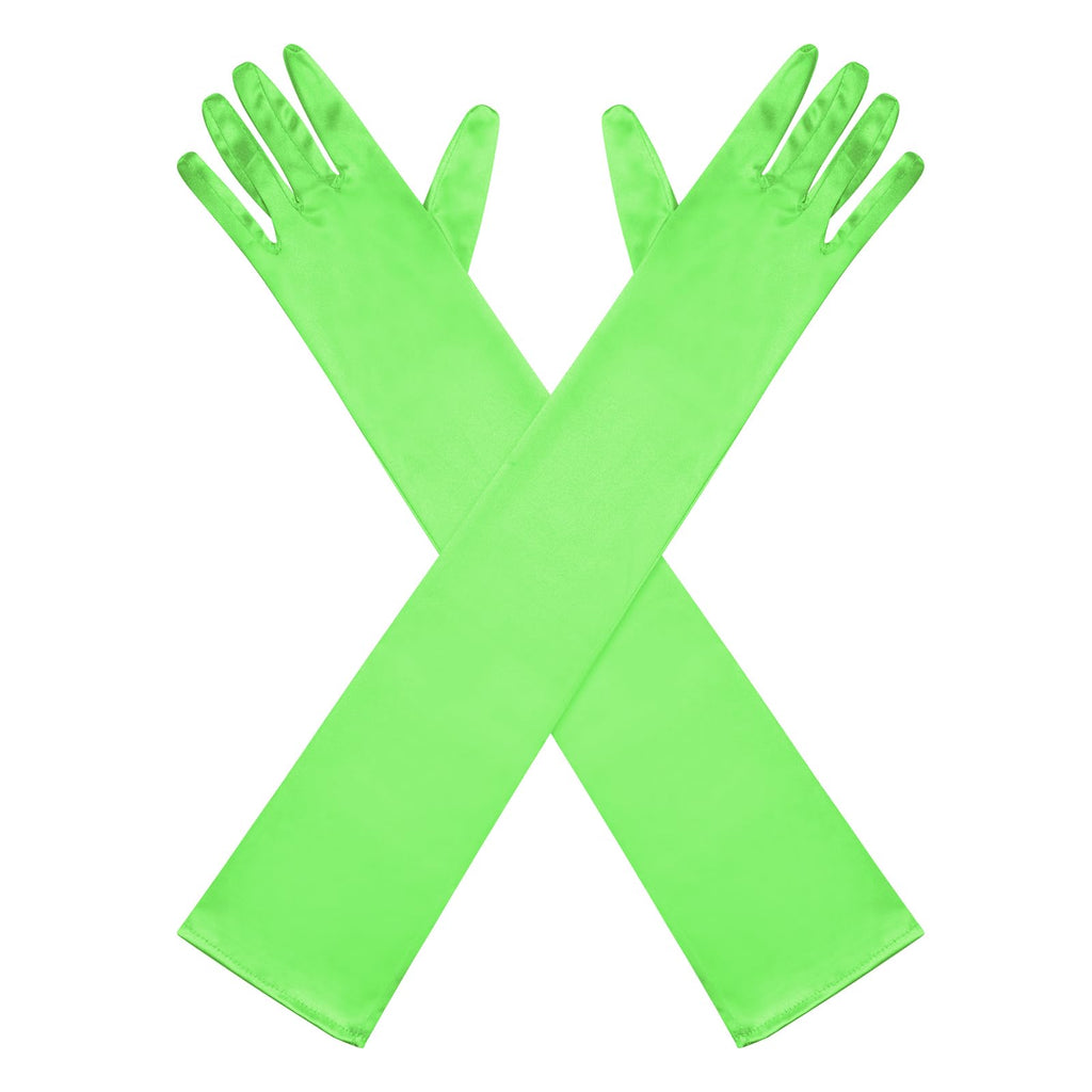 GHGMAO Long Opera Party Gloves for Women 1920s Satin Orange Gloves Costume for Halloween, Tea Party, Wedding, Stretchy Elbow Length Glove, 22" (Neon Green)