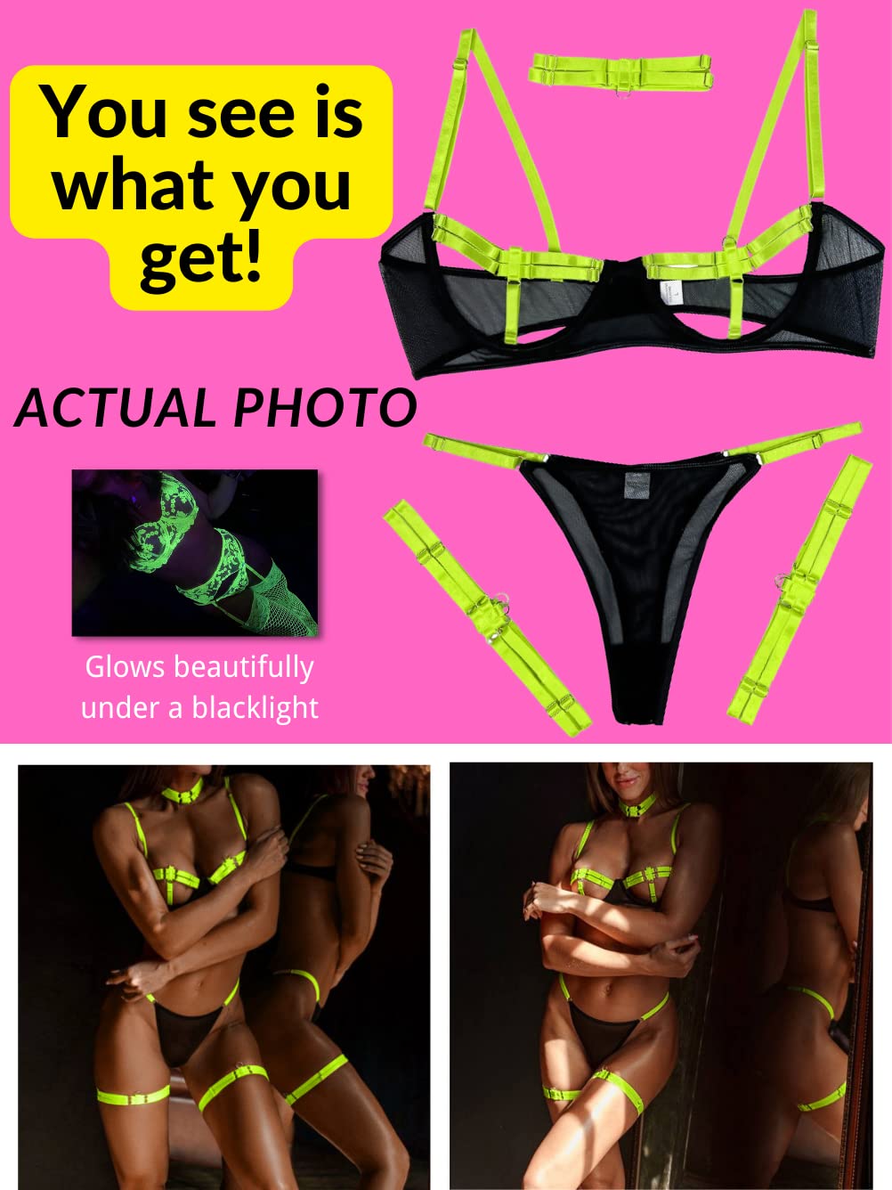 Kaei&Shi Sexy Bra and Panty Sets,Glow in The Dark Blacklight Choker Lingerie for Women,Underwire Strappy Thong Sheer Matching 4 Piece Sexy Lingerie Set Boudoir Neon Green Medium