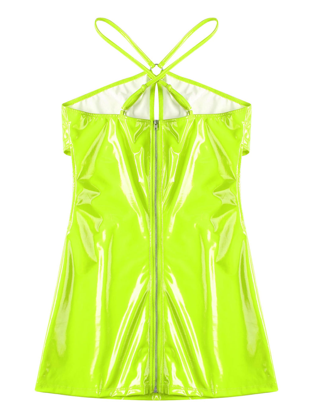 Miutii Women Latex Tight Mini Dress Metallic Sexy Halter Hollow Out Bodycon Dress Rave Party Clubwear Fluorescent Green XX-Large