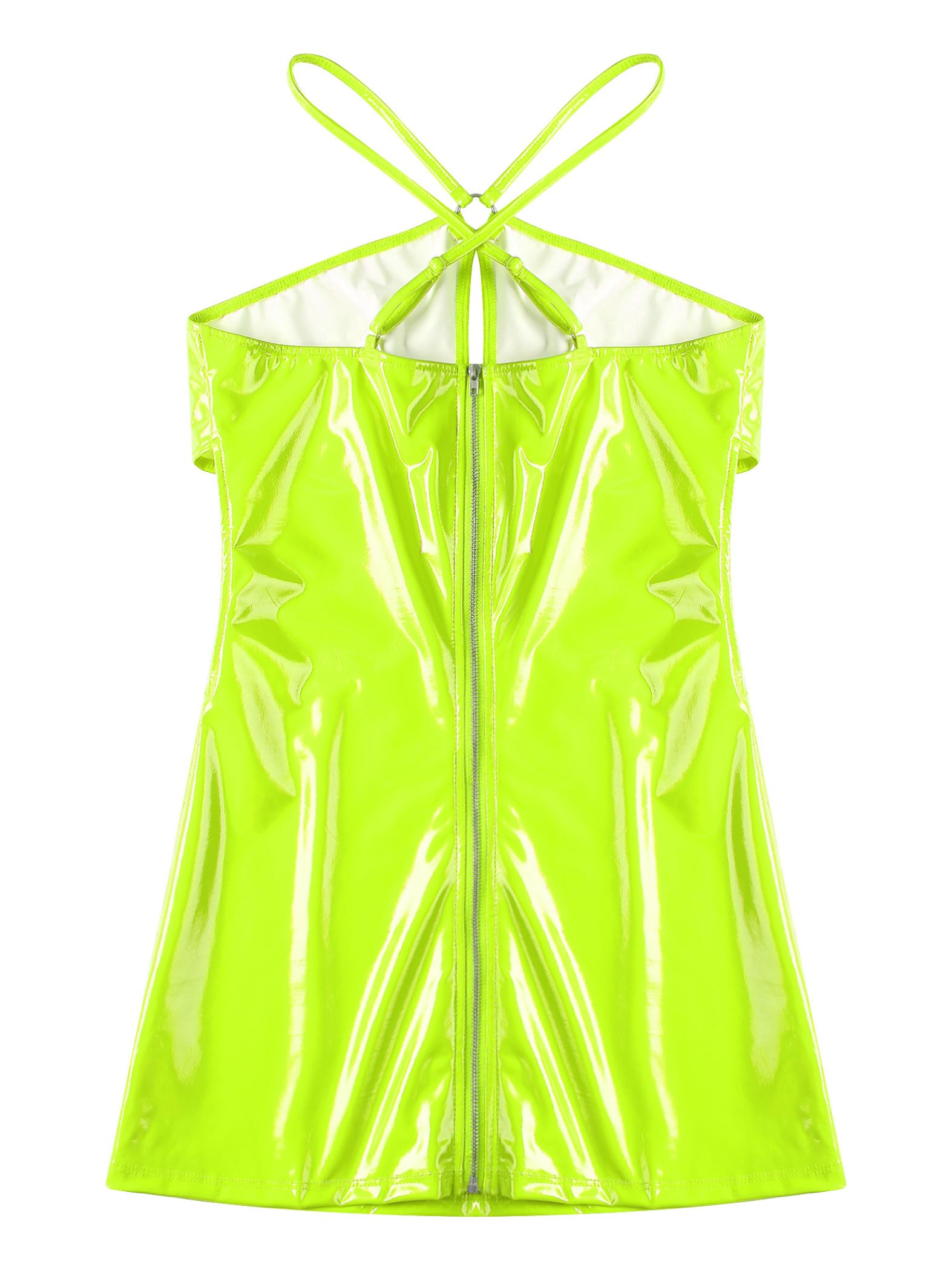 Miutii Women Latex Tight Mini Dress Metallic Sexy Halter Hollow Out Bodycon Dress Rave Party Clubwear Fluorescent Green XX-Large