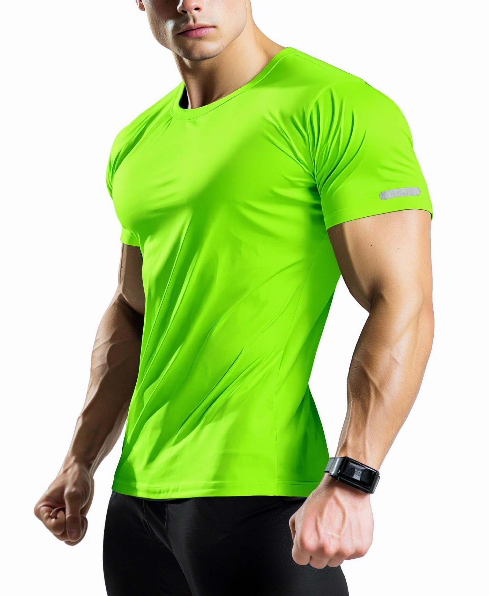 YumiDay Mens Workout Shirts Fitted, Quick Dry Gym TShirts Running Athletic Top Moisture Wicking Tee, Neon Green, Medium