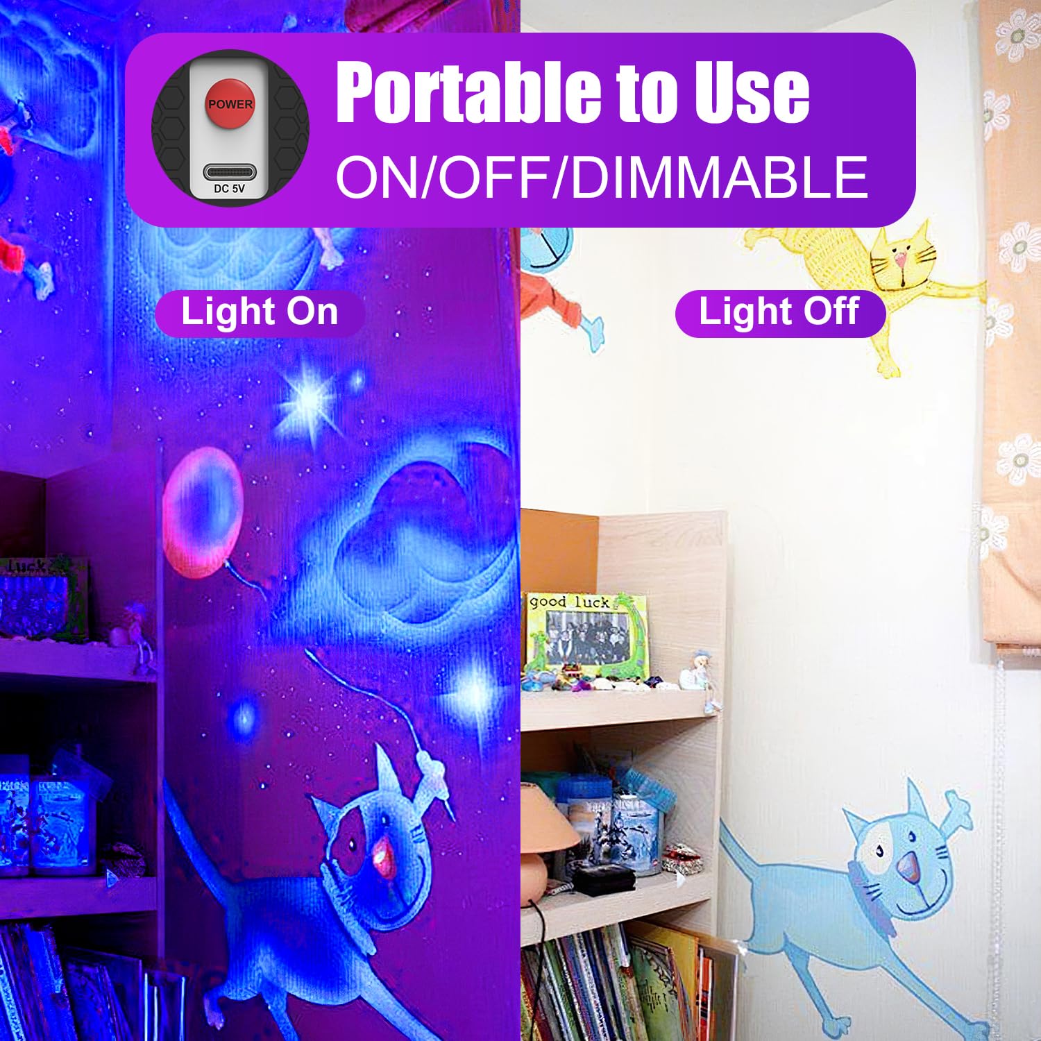 Rechargeable Black Light Bar 2 Packs, Battery Powered Black Lights for Glow Party, Cordless UV Strip Lights with On/Off/Dimma/Flash Switch, for Classroom Fishing,Paint, Poster,Stage