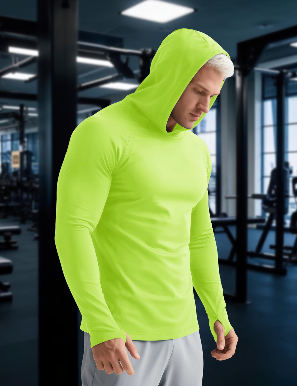 MAGCOMSEN Sun Hoodies Men Long Sleeve Athletic Shirts with Hood Running Workout Shirts UPF 50 UV Fluorescent Green XXL