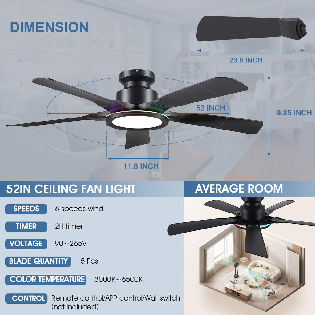 Ceiling Fans with Lights and Remote/APP Control, 52" Low Profile Flush Mount Ceiling Fan with RGB Ring Light & Dimmable, 5 Reversible Curved Blades 3 CCT 6 Speeds for Bedroom Living Room Party, Black