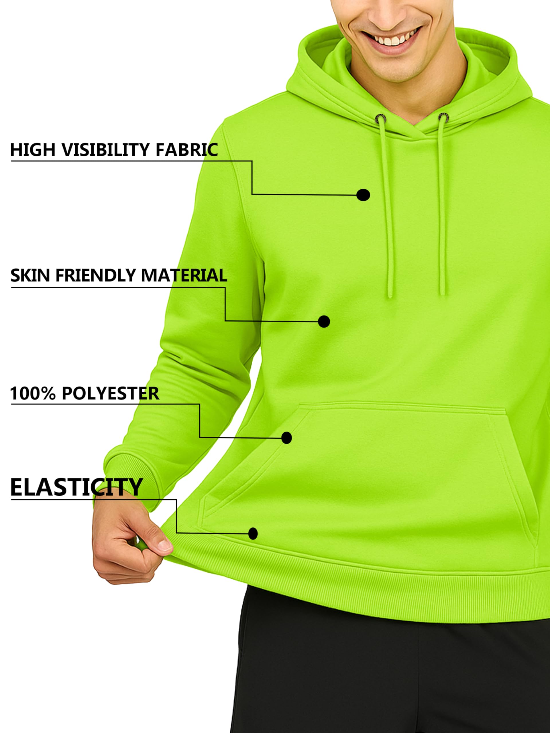 URBAN BUCK Mens Neon Hooded Pullover Sweatshirt Casual Long Sleeves High Visibility Lightweight Athletic Green Fleece Hoodie (L)