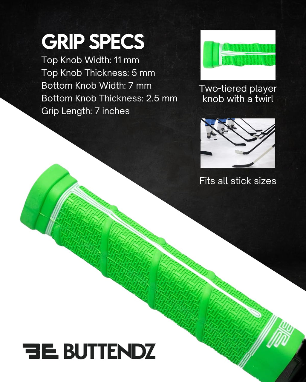 Buttendz Future Rubber Replacement Hockey Grip - Step Down Knob, Two-Tiered Player Knob with Twirl, Fits All Stick Sizes for Superior Control and Puck Feel (Green, White Drip)