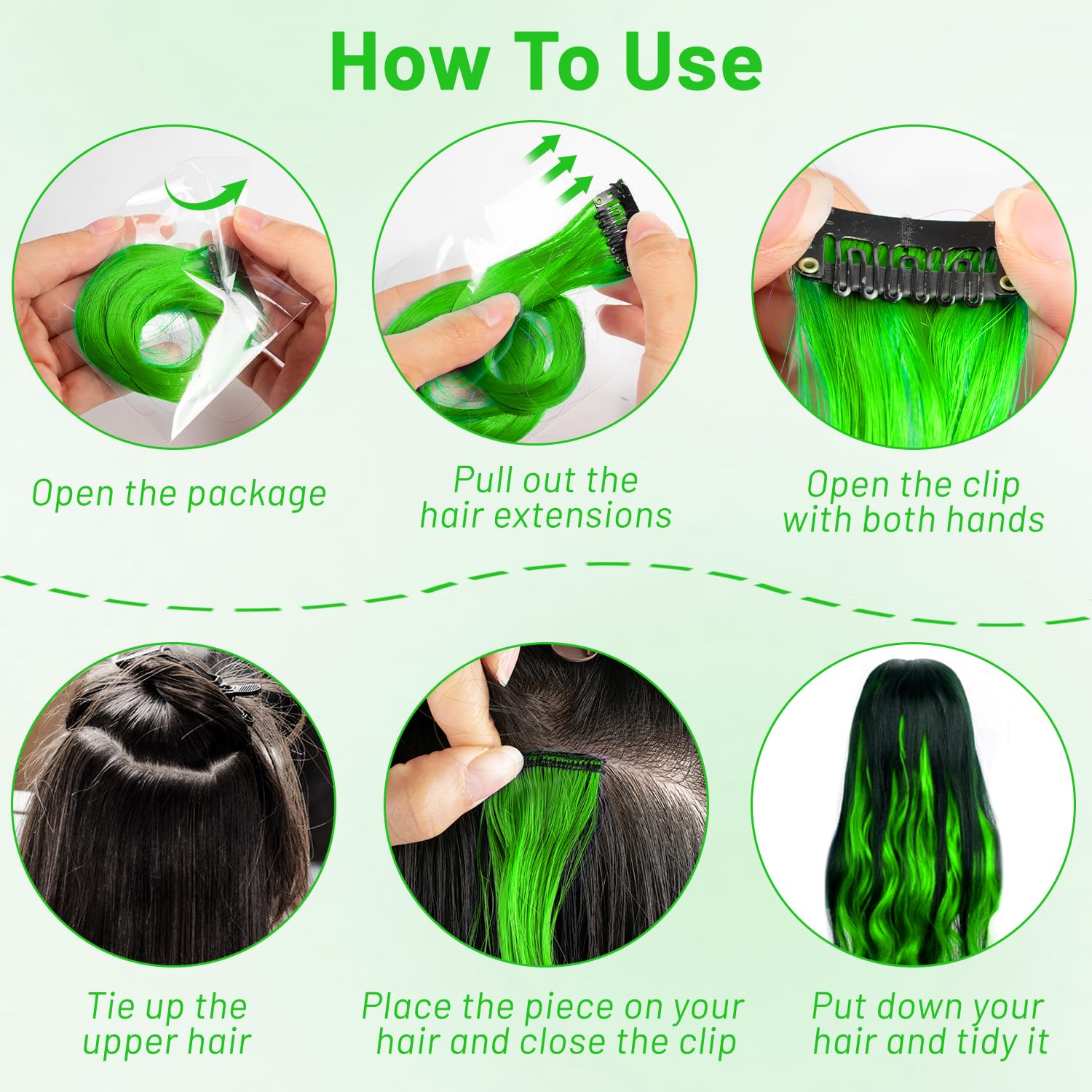 TOFAFA 16 Pcs Colored Hair Extensions Curly Wavy Clip in Synthetic Hair Extensions,Colorful Party Highlights Hairpiece Streak for Girls Women Kids(Neon Green)