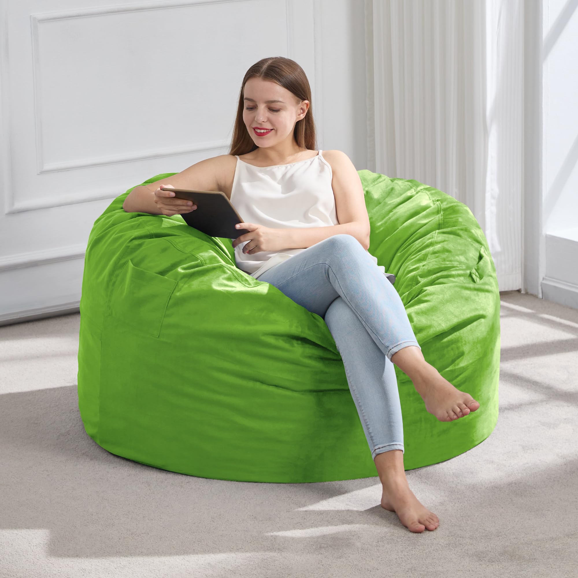 Bean Bag Chair Bean Bag Chairs for Adults Giant Bean Chairs with Velvet Cover, Large Bean Bag Chairs for Adults Beanbag Chair for Living Room, Bedroom (Lime, 3FT)