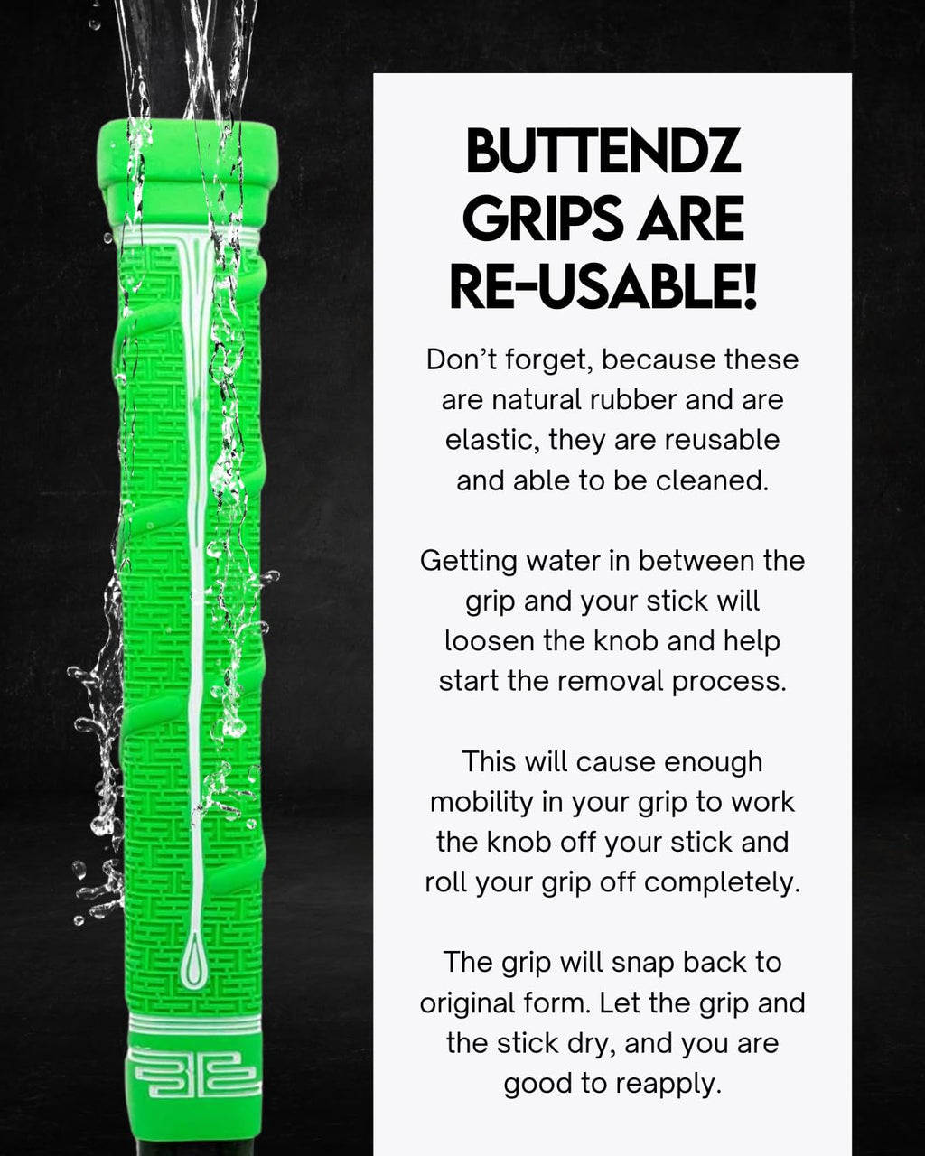 Buttendz Future Rubber Replacement Hockey Grip - Step Down Knob, Two-Tiered Player Knob with Twirl, Fits All Stick Sizes for Superior Control and Puck Feel (Green, White Drip)