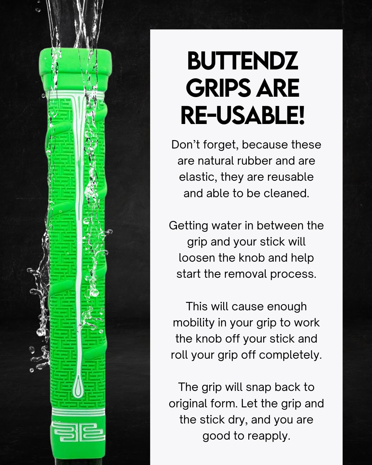 Buttendz Future Rubber Replacement Hockey Grip - Step Down Knob, Two-Tiered Player Knob with Twirl, Fits All Stick Sizes for Superior Control and Puck Feel (Green, White Drip)