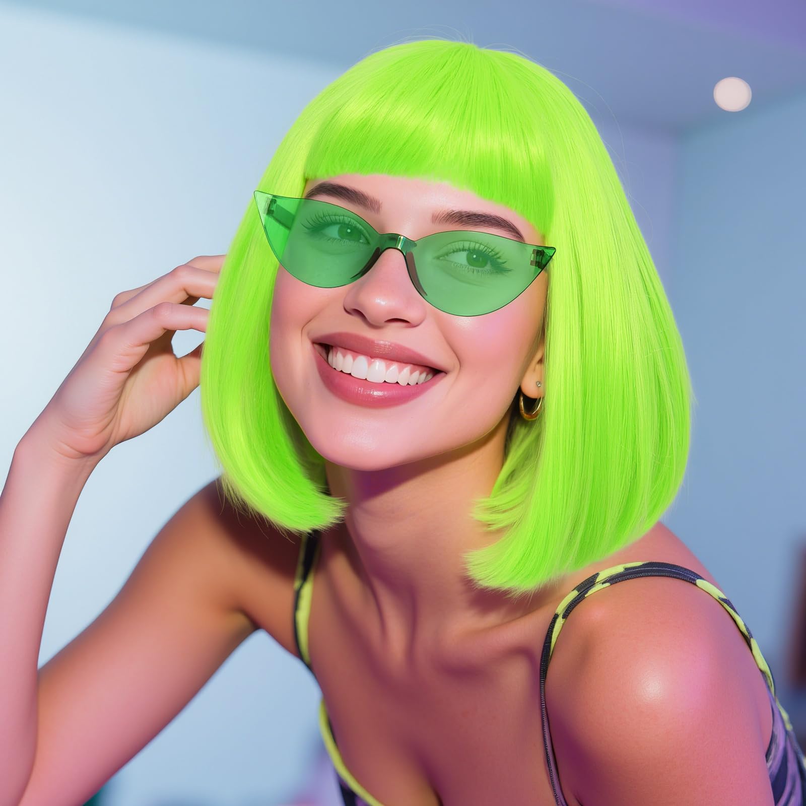 IMEYLE Lime Green Bob Wigs Colorful 3 Pcs Funny Wigs for Women Neon Green Costume Party Wig for St Patrick'S Day Short Neon Green Wig Cosplay Outfit Halloween Party +Sunglasses+Hair Cap