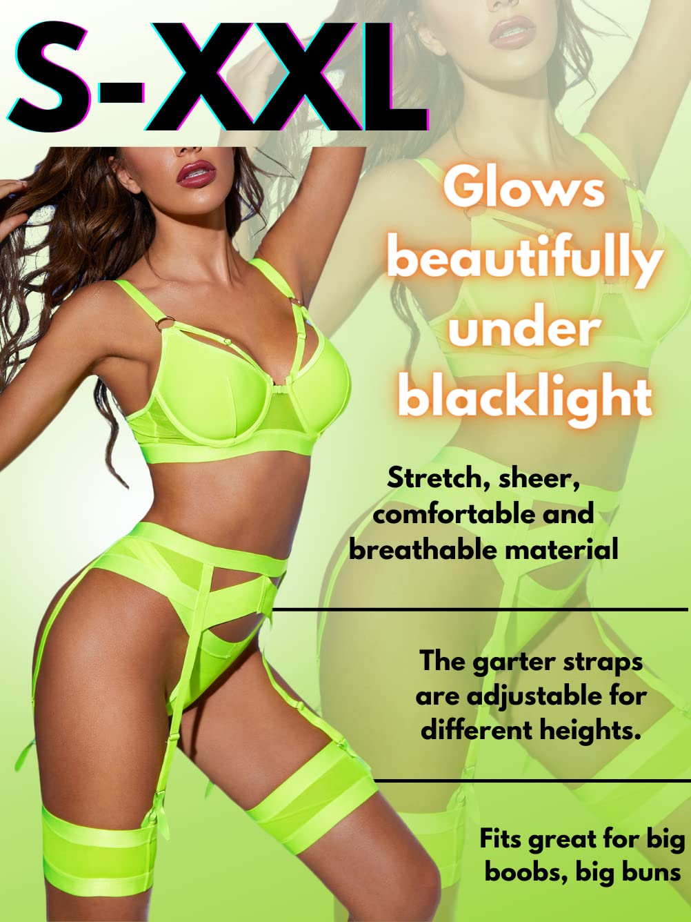 Kaei&Shi Garter Belt Thong Lingerie for Women,Strappy Hollow Out Sexy Lingerie,Underwire Mesh Sheer Matching 4 Piece Lingerie Set Boudoir Neon Green Large