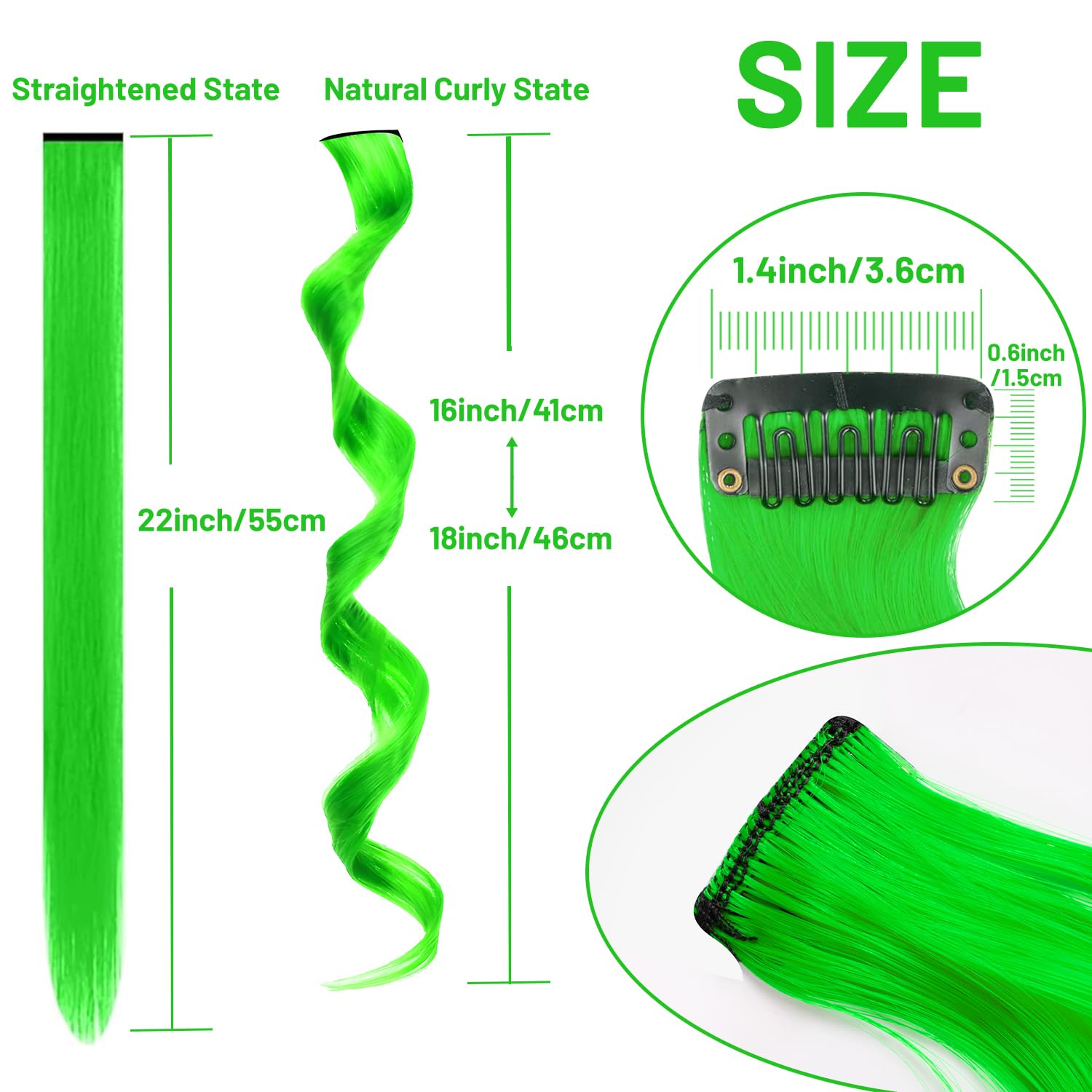 TOFAFA 16 Pcs Colored Hair Extensions Curly Wavy Clip in Synthetic Hair Extensions,Colorful Party Highlights Hairpiece Streak for Girls Women Kids(Neon Green)