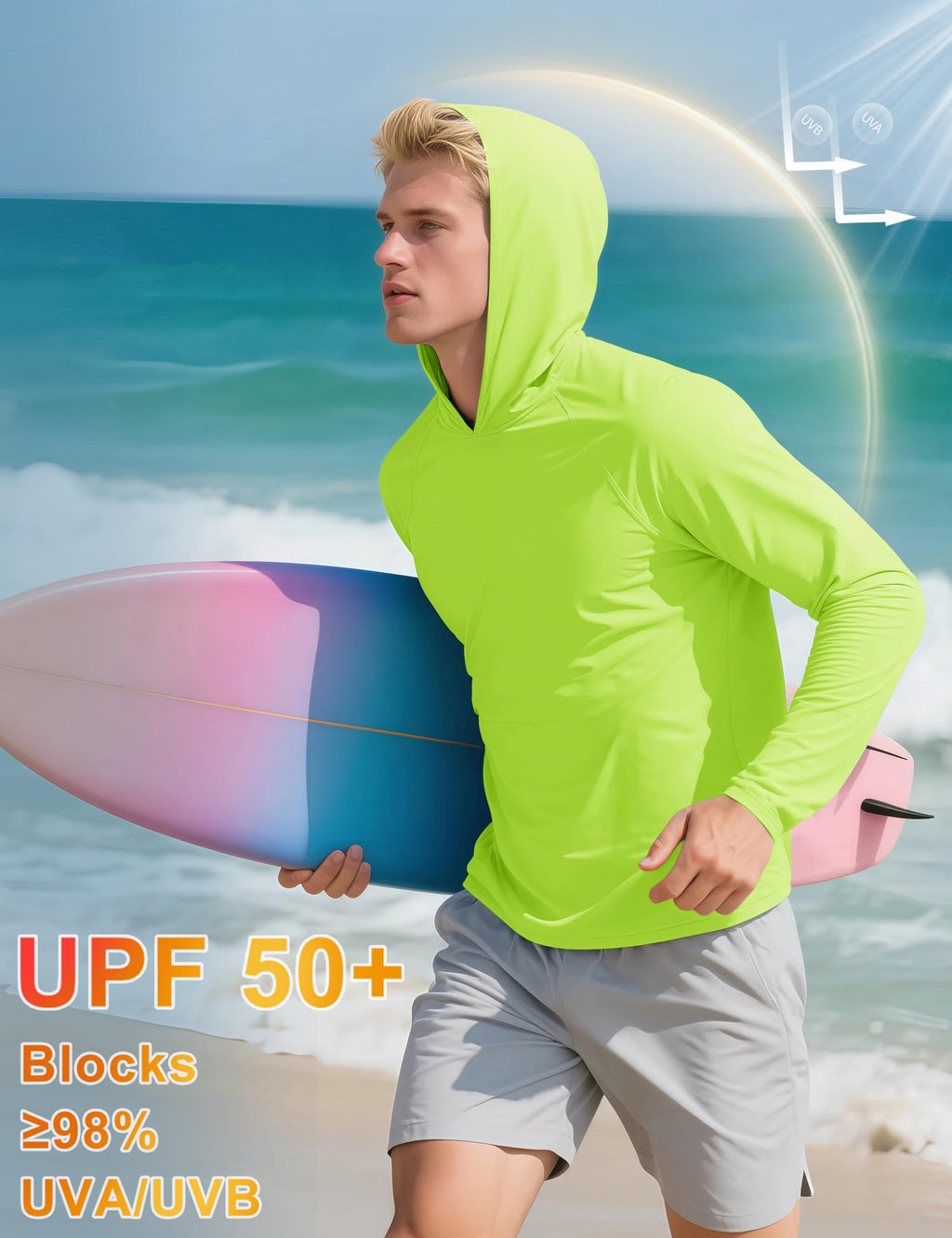 MAGCOMSEN Sun Hoodies Men Long Sleeve Athletic Shirts with Hood Running Workout Shirts UPF 50 UV Fluorescent Green XXL