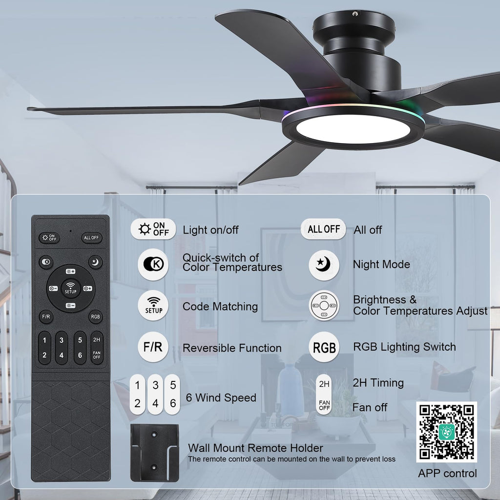Ceiling Fans with Lights and Remote/APP Control, 52" Low Profile Flush Mount Ceiling Fan with RGB Ring Light & Dimmable, 5 Reversible Curved Blades 3 CCT 6 Speeds for Bedroom Living Room Party, Black