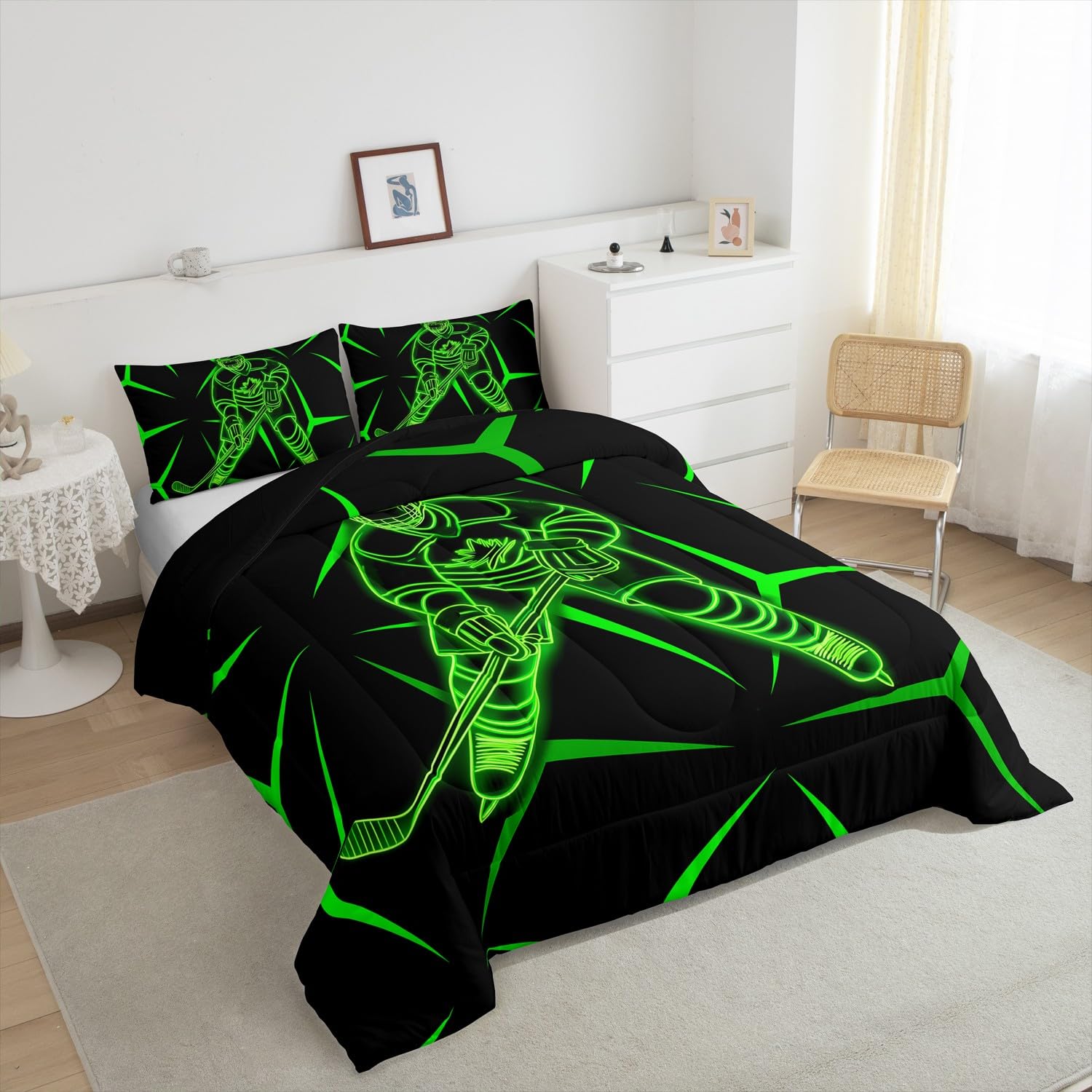 Manfei Ice Hockey Player Kids Comforter Set Toddler Size,Neon Geometric Triangles Lines Bedding Set,Boys Girls Room Decor,Winter Sports Gaming Down Comforter,Green Black Duvet Insert,1 Pillowcase