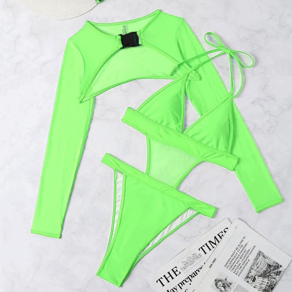 Lingerie Sets for Women Short Set Men 2 Piece Women Rave Outfits Neon Bodysuit Crop Top Long Sleeve Mesh with Buckle for Festival (Green, S)
