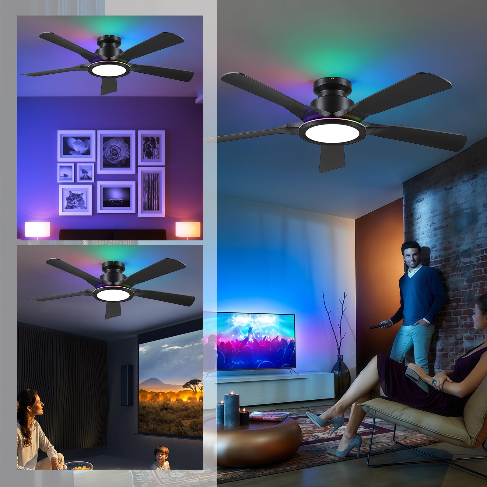 Ceiling Fans with Lights and Remote/APP Control, 52" Low Profile Flush Mount Ceiling Fan with RGB Ring Light & Dimmable, 5 Reversible Curved Blades 3 CCT 6 Speeds for Bedroom Living Room Party, Black