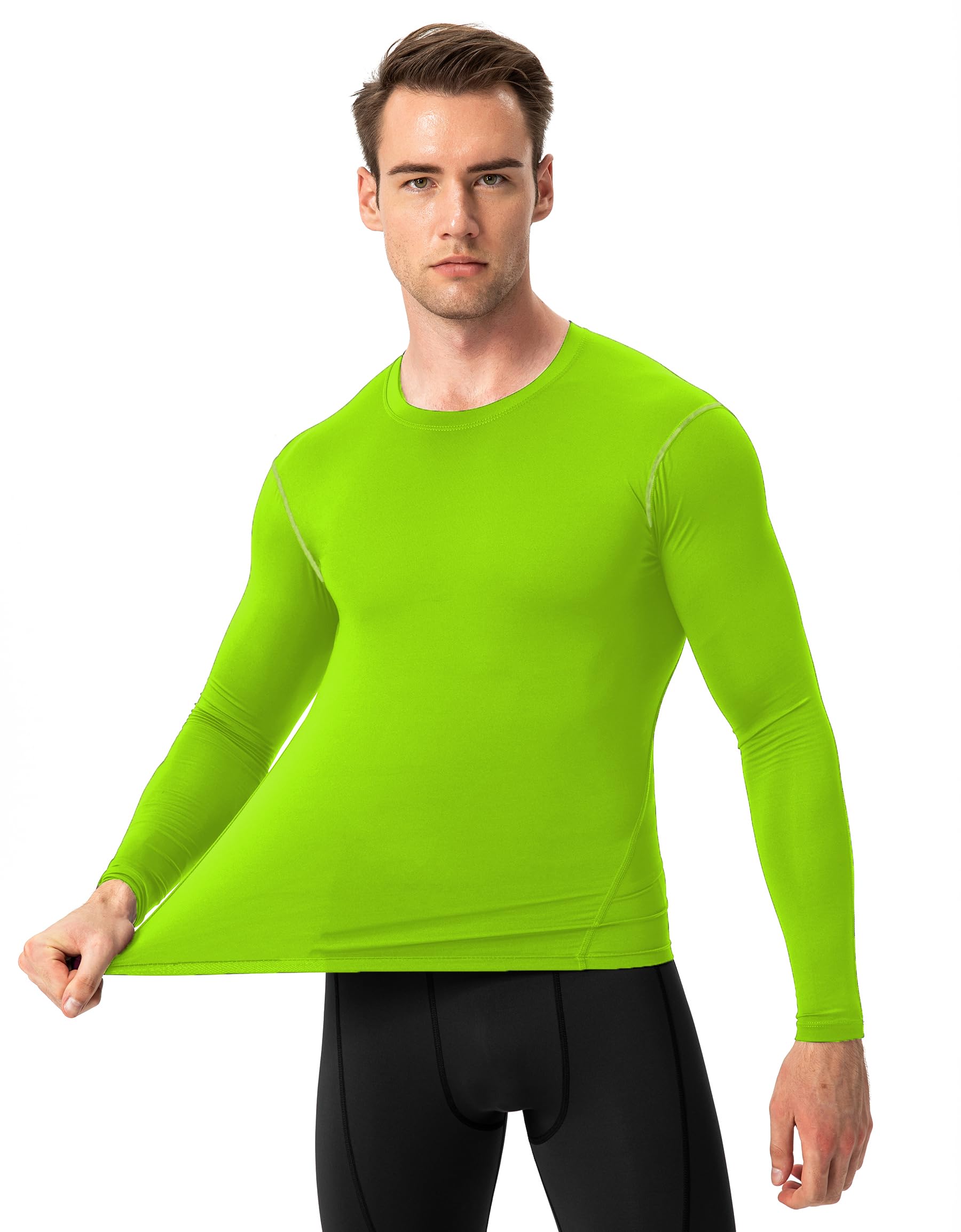 Men's Compression Shirt Long Sleeve Workout T Shirt Quick Dry Athletic Running Shirts Thermal Base Layer Top Undershirts, No.3 Neon Green, Small