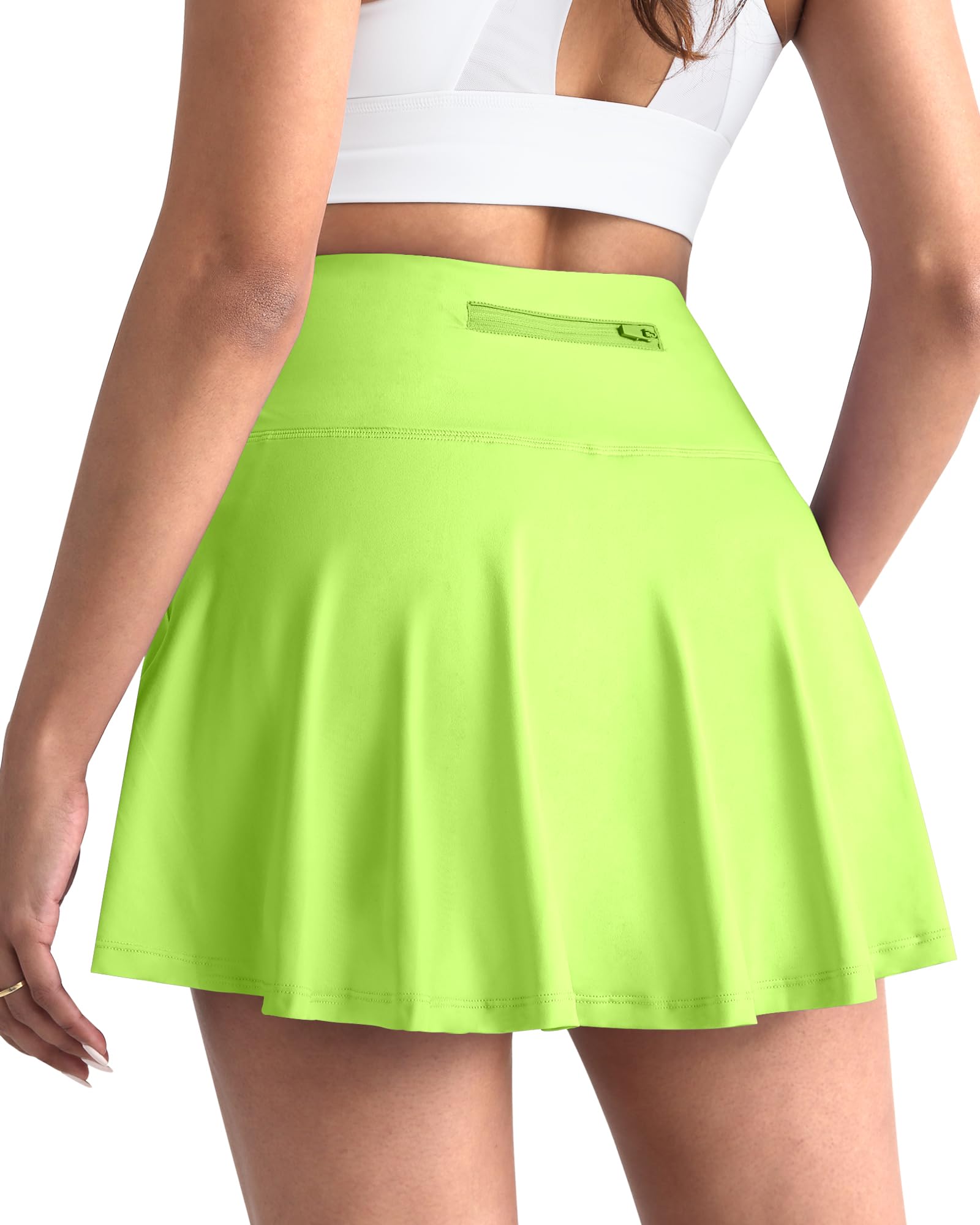CHRLEISURE Women Tennis Golf Skirt with Pockets - High Waisted Crossover Golf Pleated Athletic Workout Dress Running Skort, Neon Green, Large