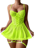 Lilosy Sexy Garter Belt Mesh Lace Babydoll Lingerie Dress Set with Thong, Neon Green, Medium