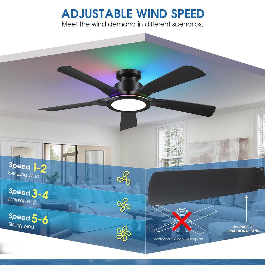 Ceiling Fans with Lights and Remote/APP Control, 52" Low Profile Flush Mount Ceiling Fan with RGB Ring Light & Dimmable, 5 Reversible Curved Blades 3 CCT 6 Speeds for Bedroom Living Room Party, Black