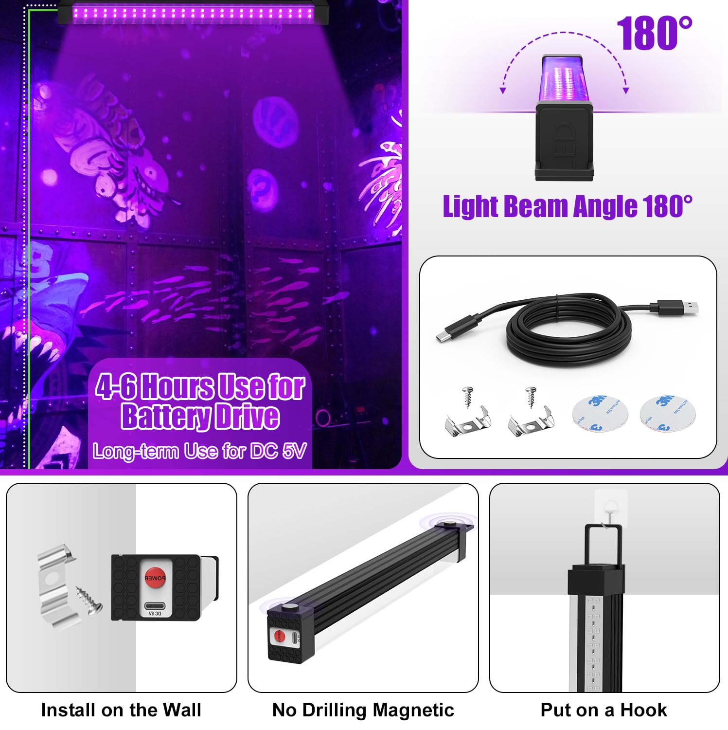 Rechargeable Black Light Bar 2 Packs, Battery Powered Black Lights for Glow Party, Cordless UV Strip Lights with On/Off/Dimma/Flash Switch, for Classroom Fishing,Paint, Poster,Stage