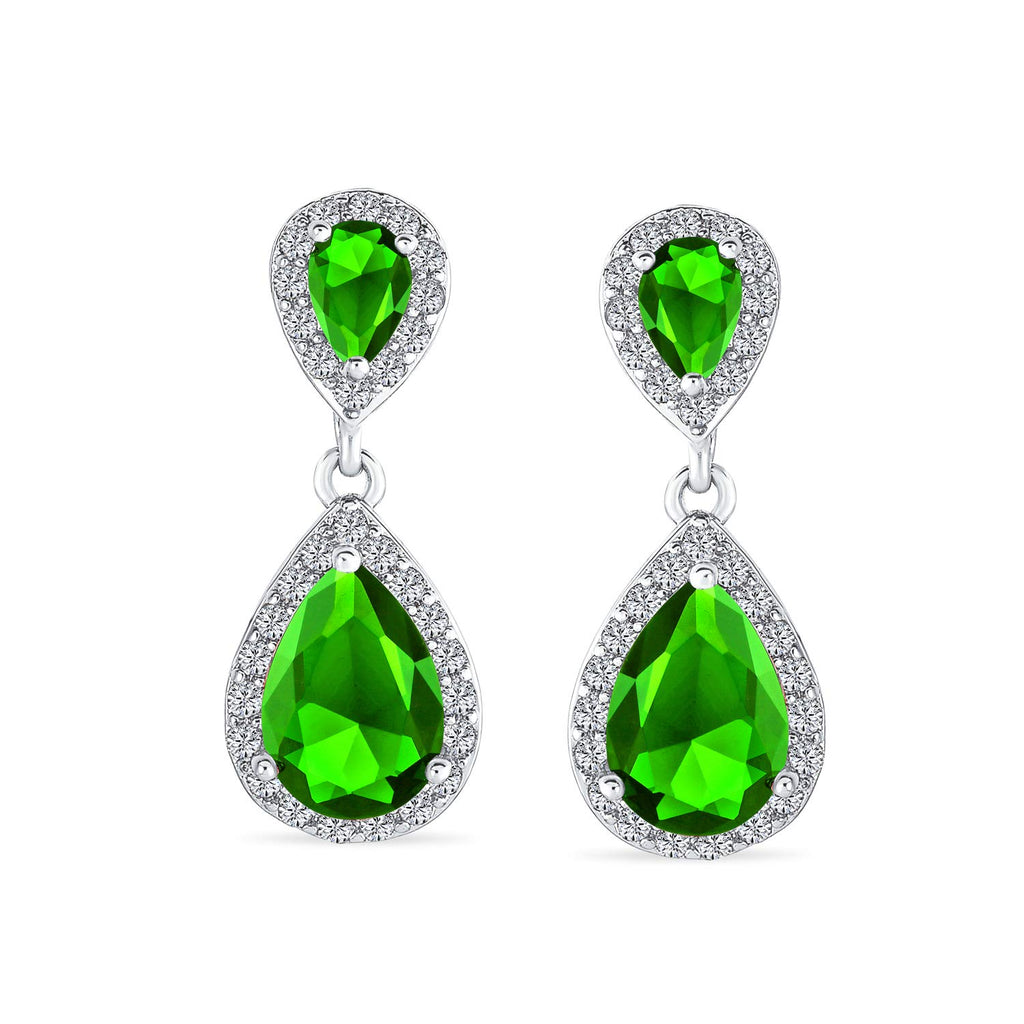 Green Teardrop CZ Halo Prom Drop Statement Chandelier Clip On Earrings Simulated Emerald Cubic Zirconia Silver Plated Brass