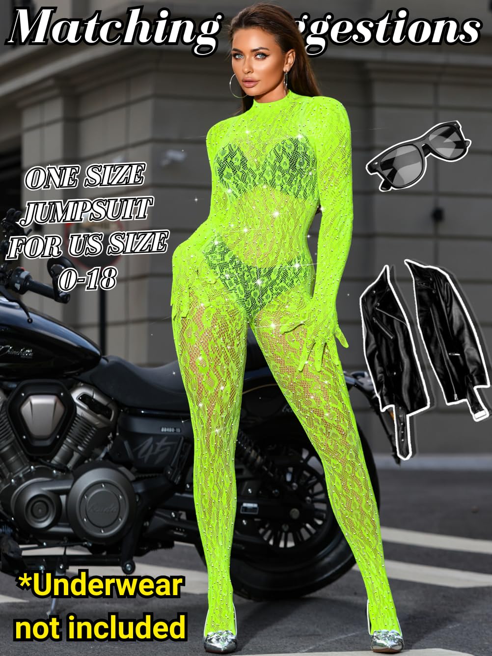 EHSUYAB Women Sexy Lace Jumpsuit, Leopard Fishnet Bodysuit Dancer Glow Rave Outfits, One Piece Mesh Full Rhinestone Lingerie, Neon Green, One Size