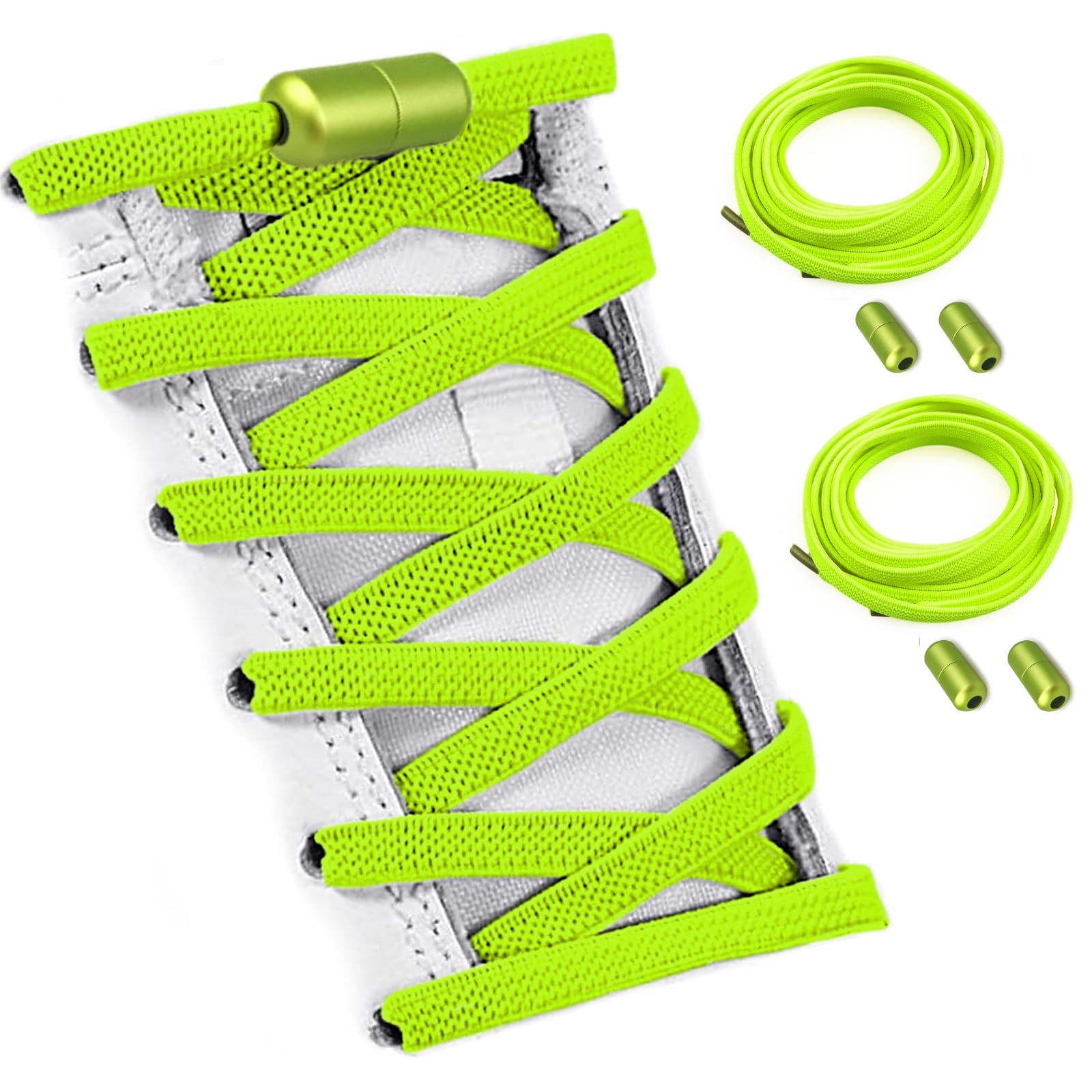 2 Pairs Shoelaces Elastic No Tie Shoe Laces for Adults, Kids and Elderly, One Size Fit All for Shoes. (Neon Green)