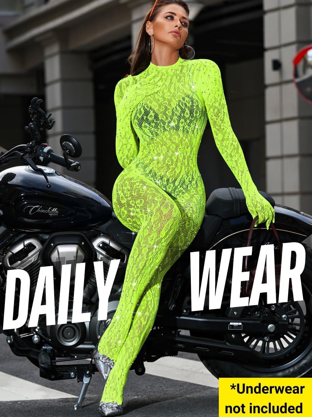 EHSUYAB Women Sexy Lace Jumpsuit, Leopard Fishnet Bodysuit Dancer Glow Rave Outfits, One Piece Mesh Full Rhinestone Lingerie, Neon Green, One Size