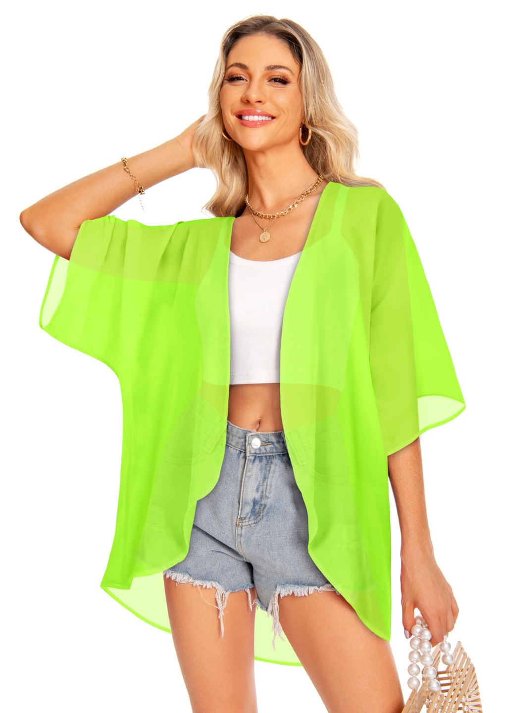 Women's Tops Summer Kimono Cardigan Floral Print Puff Sleeve Swimsuit Cover Up Casual Loose Fit Blouse (A-soild Neon Green,L)