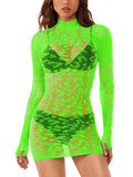 EHSUYAB Women Sexy Leopard Mini Fishnet Bodycon Dress, Long Sleeve Sheer Mesh, Going Out Rave Party Club Exotic Dancer Outfit, Neon Green, One Size