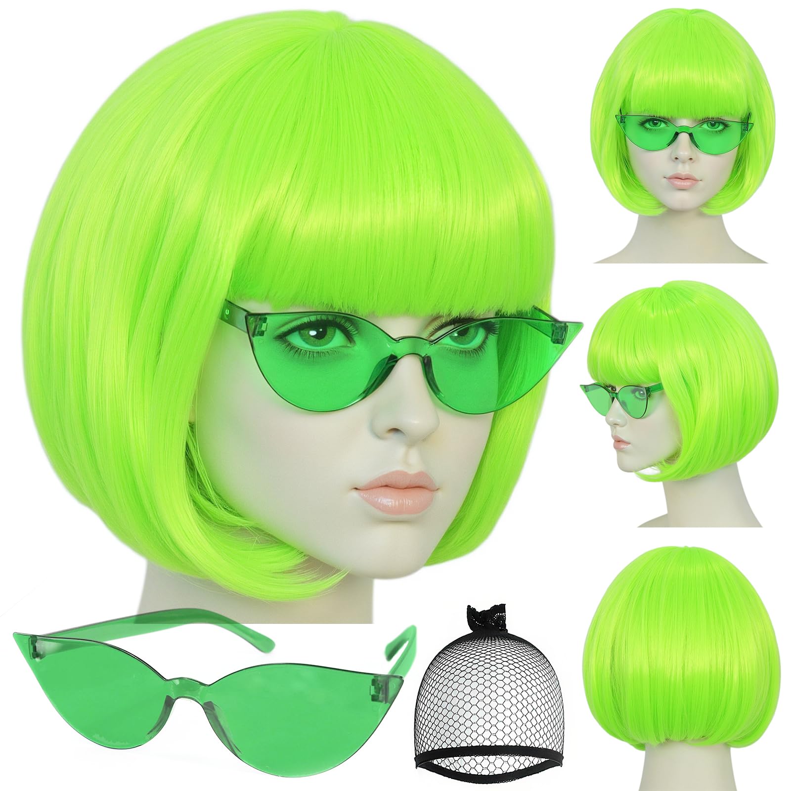 IMEYLE Lime Green Bob Wigs Colorful 3 Pcs Funny Wigs for Women Neon Green Costume Party Wig for St Patrick'S Day Short Neon Green Wig Cosplay Outfit Halloween Party +Sunglasses+Hair Cap