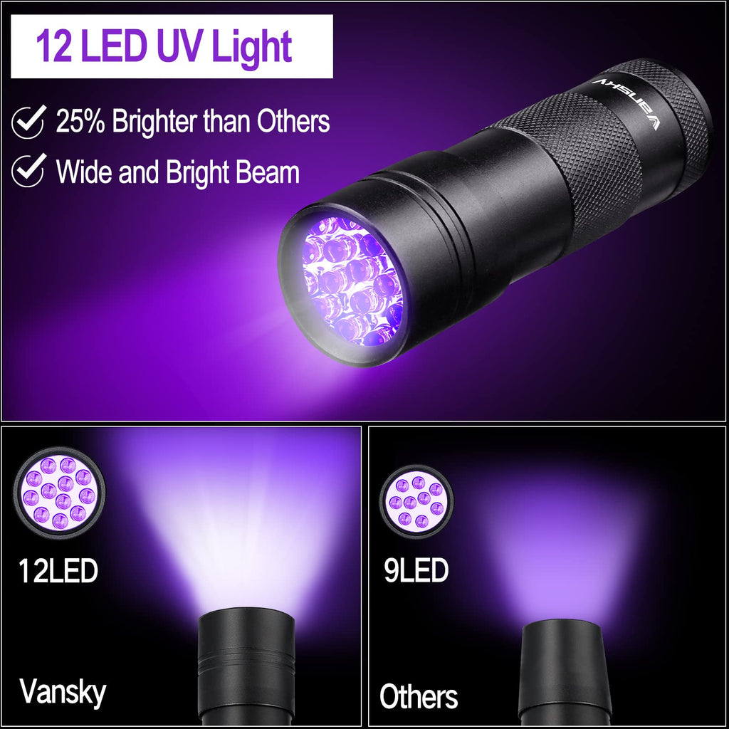 Vansky 12 LED UV Blacklight Flashlight, Pets Ultra Violet Urine and Stain Detector Fluorescent Whitening Agents Detector, Find Dry Stains on Carpets, Rugs, Floor (3 x AAA Batteries Included)