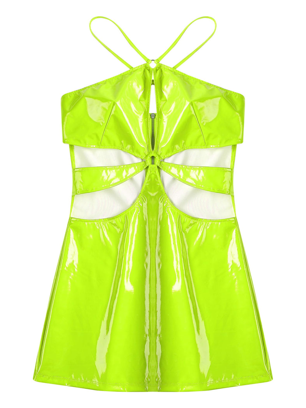 Miutii Women Latex Tight Mini Dress Metallic Sexy Halter Hollow Out Bodycon Dress Rave Party Clubwear Fluorescent Green XX-Large