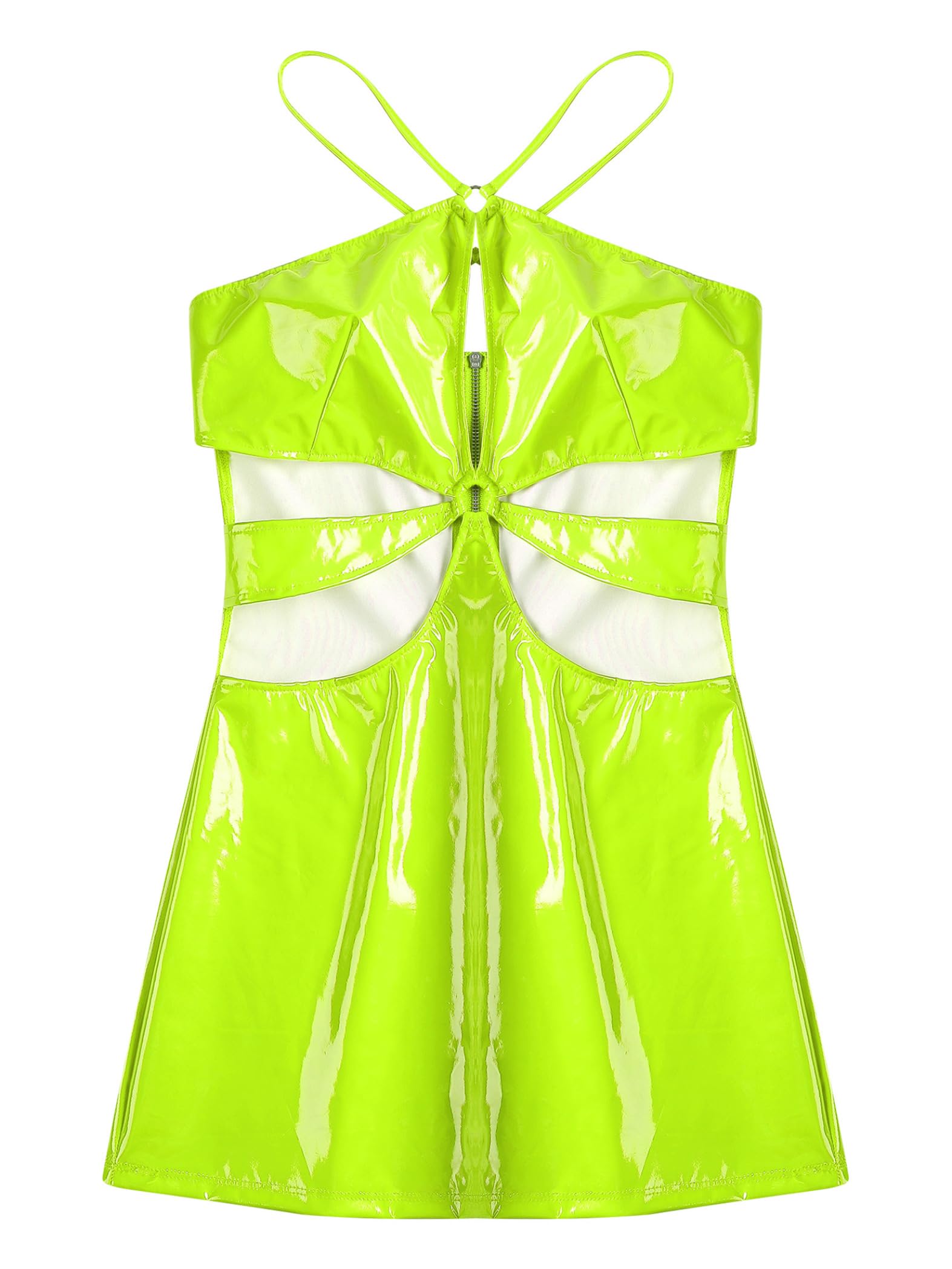 Miutii Women Latex Tight Mini Dress Metallic Sexy Halter Hollow Out Bodycon Dress Rave Party Clubwear Fluorescent Green XX-Large