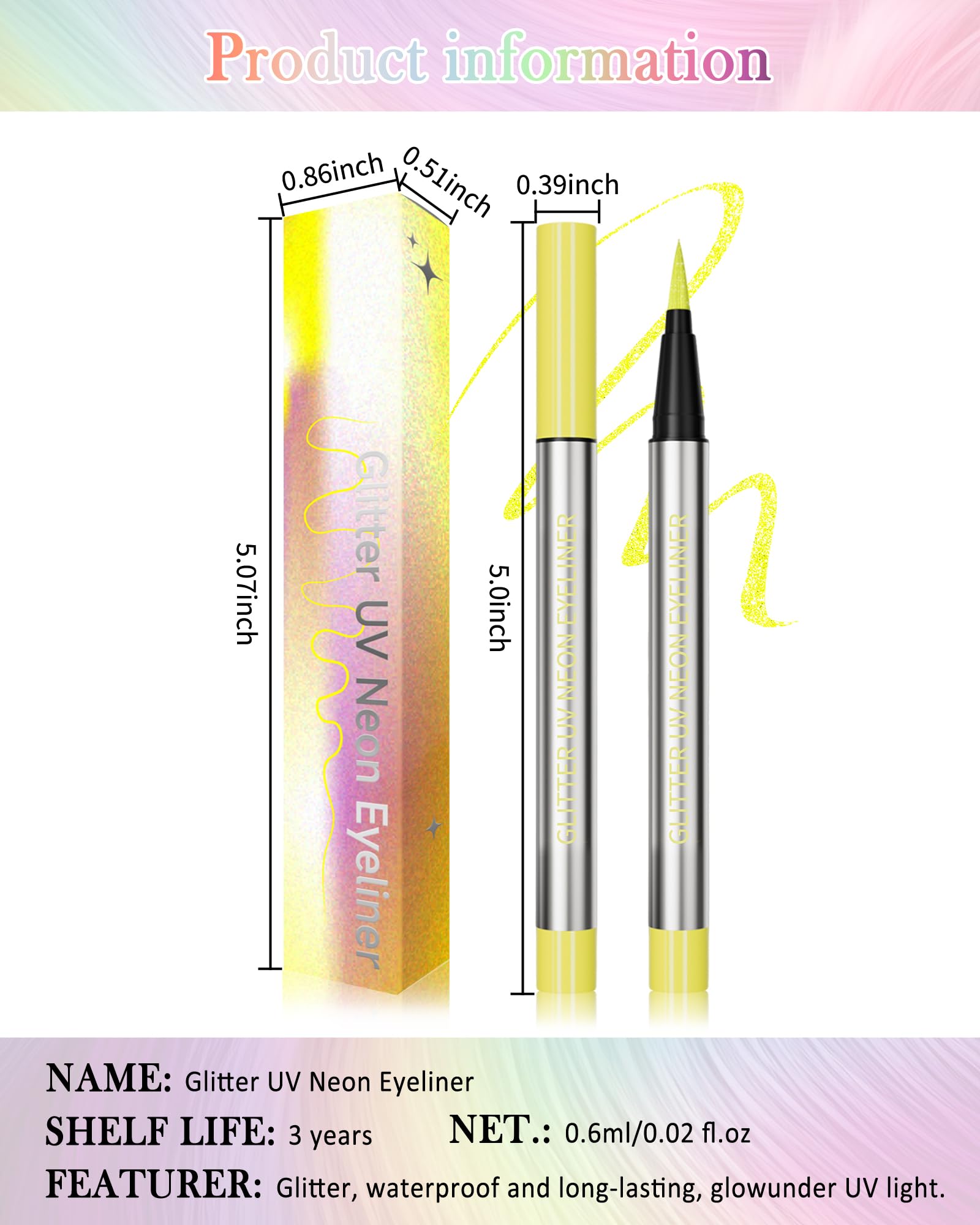 Glitter UV Neon Eyeliner Pencil, Waterproof Smudge-Proof Green Eye Liner Liquid Pen, High-Pigment Shimmer Eyeliner Pen Long-Lasting Colorful Professional Makeup, Halloween Rave Party Gift for Women-05