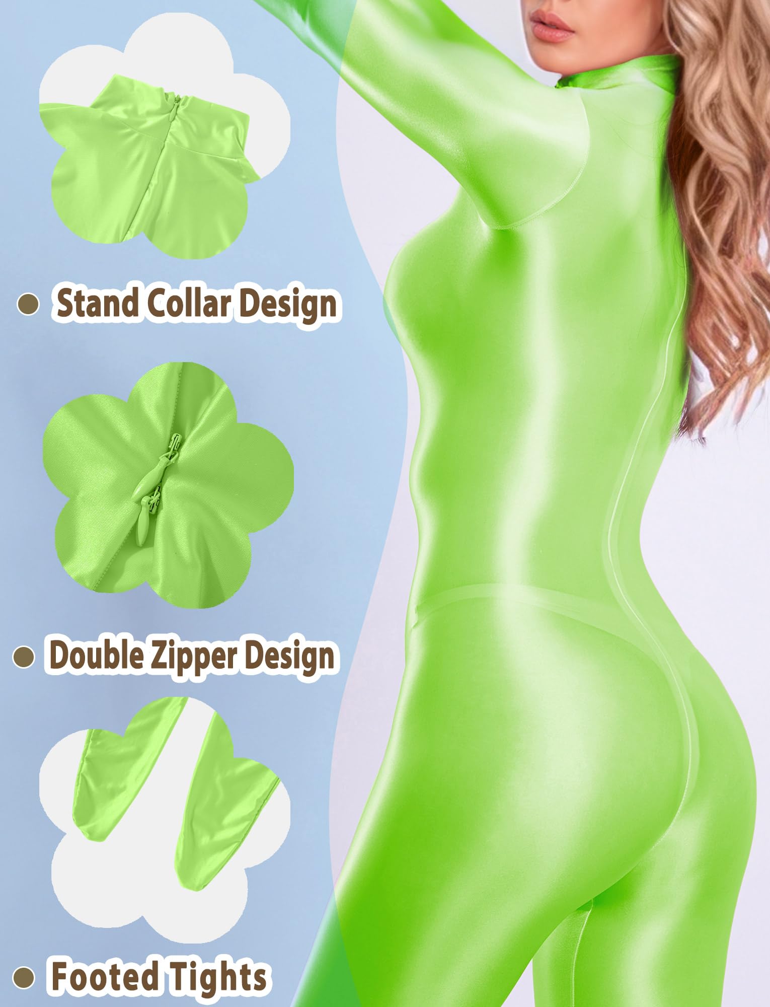 Women's Sexy High Stretch Catsuit Bodysuit Shiny Glossy Back Zipper Leotard One Piece High Neck Jumpsuit Long Sleeve Oil Glossy Unitard Green M
