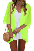 Women's Tops Summer Kimono Cardigan Floral Print Puff Sleeve Swimsuit Cover Up Casual Loose Fit Blouse (A-soild Neon Green,L)