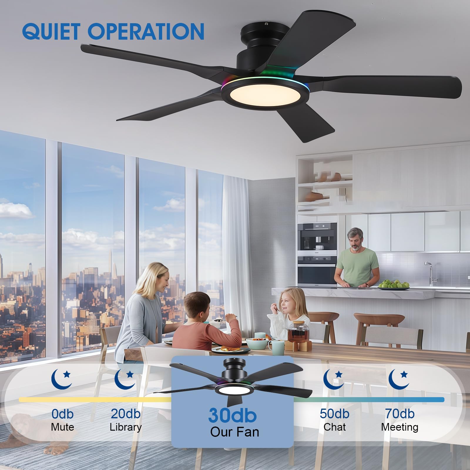 Ceiling Fans with Lights and Remote/APP Control, 52" Low Profile Flush Mount Ceiling Fan with RGB Ring Light & Dimmable, 5 Reversible Curved Blades 3 CCT 6 Speeds for Bedroom Living Room Party, Black