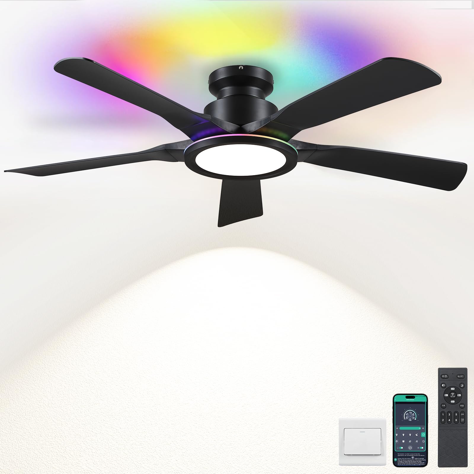 Ceiling Fans with Lights and Remote/APP Control, 52" Low Profile Flush Mount Ceiling Fan with RGB Ring Light & Dimmable, 5 Reversible Curved Blades 3 CCT 6 Speeds for Bedroom Living Room Party, Black