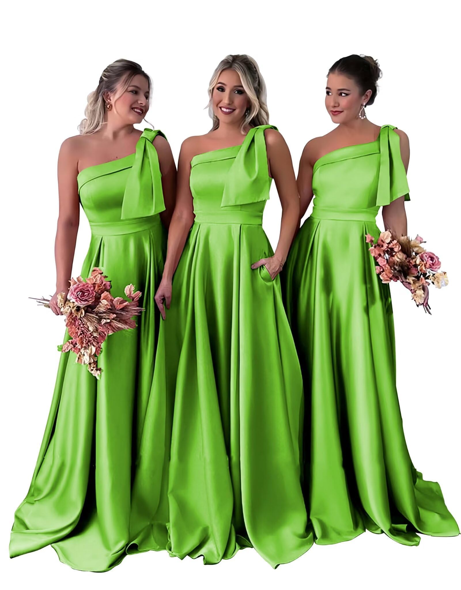 Neejafrog One Shoulder Bridemaid Dresses for Wedding Satin Prom Dresses with Bow Long Formal Evening Gowns with Pockets, Green, 2