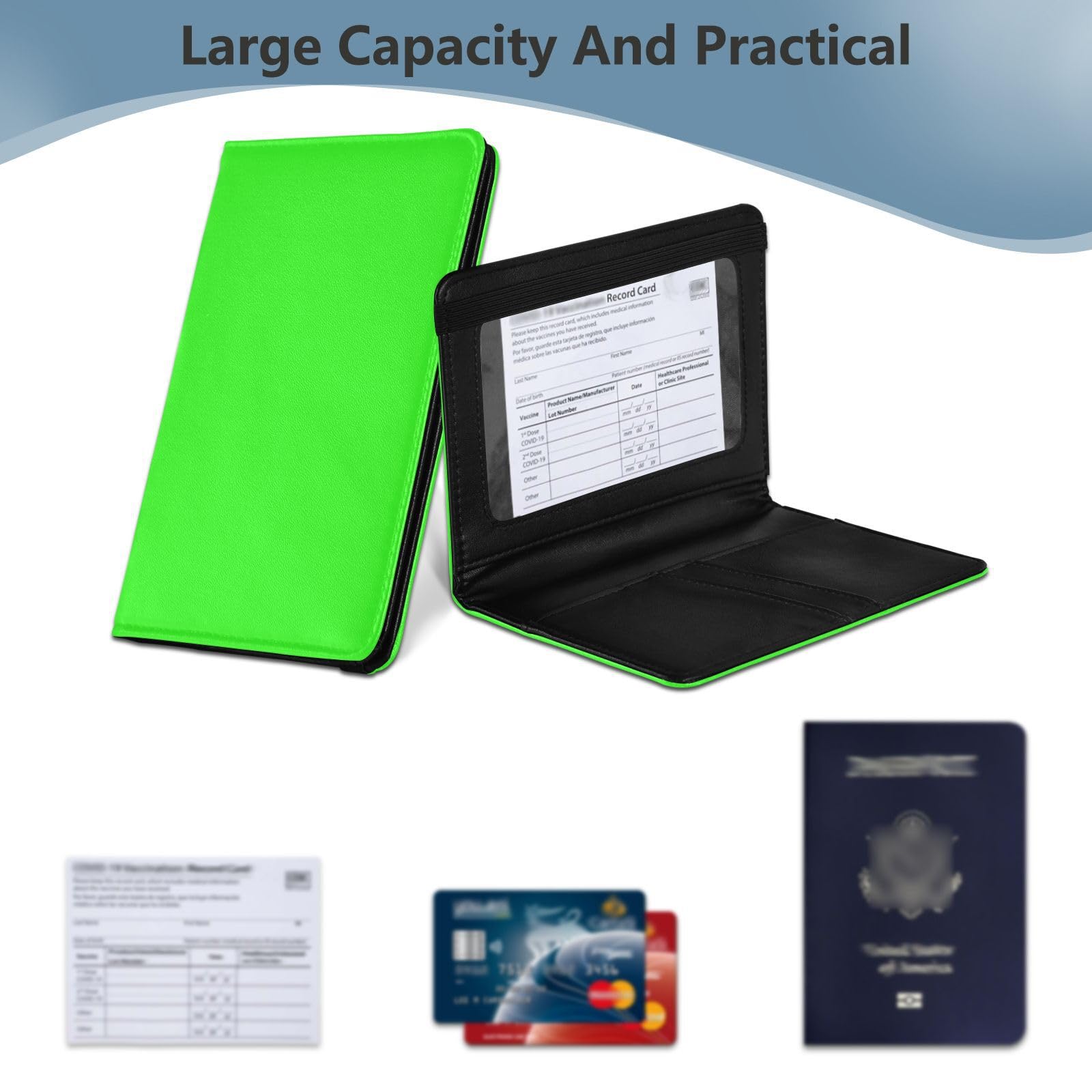 Periwinkle Leather Passport and Vaccine Card Wallet Combo Travel Documents Organizer Protector Passport Cover Holder Wallet Case for Men and Women Waterproof, Neon Green, 1 size, Modern