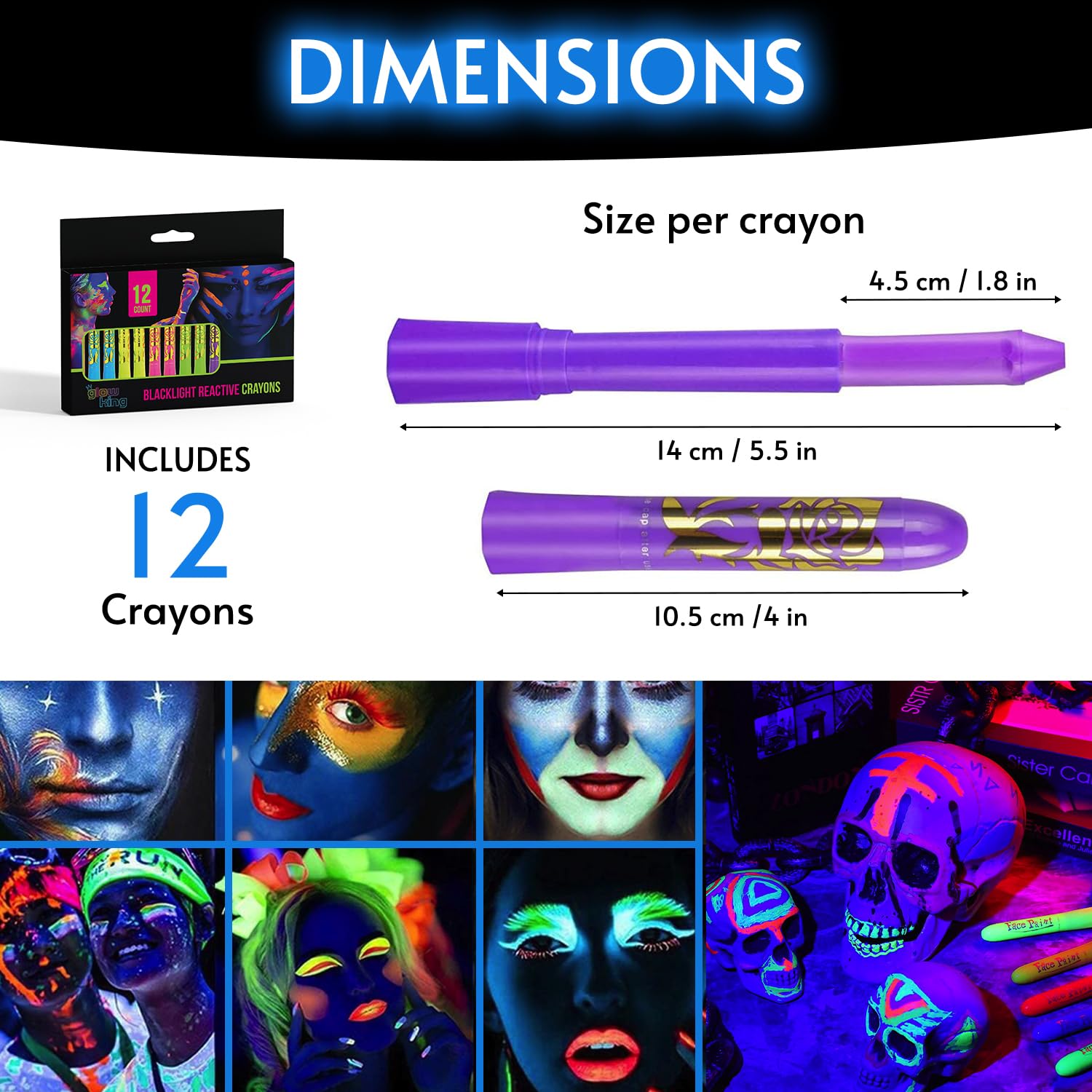 Glow King Blacklight Reactive Crayons | Glow in the Dark Paint for Face and Body | Intense Luminous Sticks for Fluorescent Parties | Colorful UV Makeup Neon Gift | Glow Markers Accessories - 12 Pcs