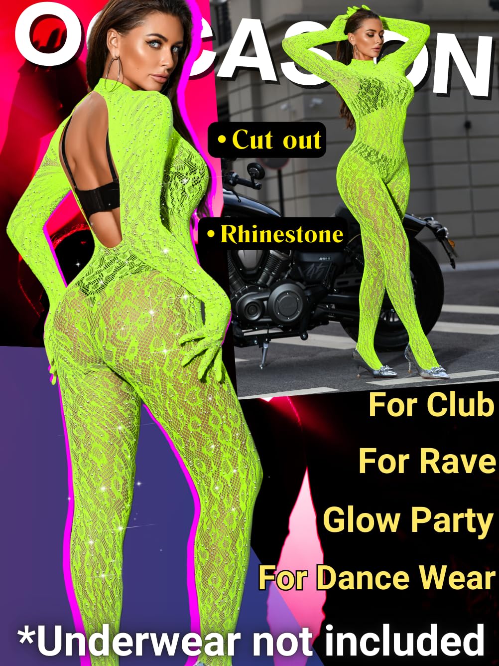 EHSUYAB Women Sexy Lace Jumpsuit, Leopard Fishnet Bodysuit Dancer Glow Rave Outfits, One Piece Mesh Full Rhinestone Lingerie, Neon Green, One Size